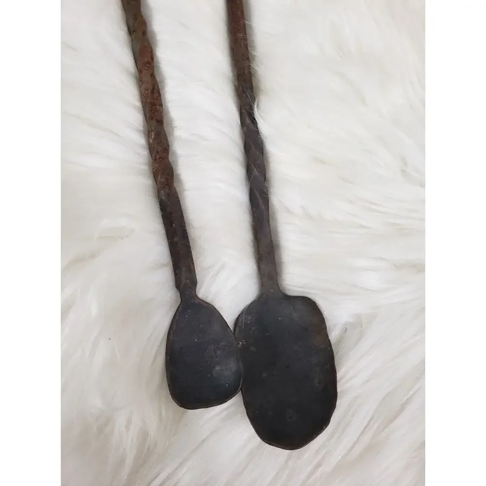 Antique Wrought Iron Twisted Stem with Leaf Handle Serving Spoon Fork Primitive‎